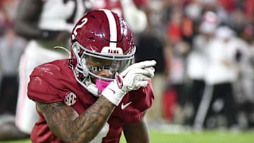 Sep 28, 2024; Tuscaloosa, Alabama, USA;  Alabama Crimson Tide wide receiver Ryan Williams (2) signals a first down after making an catch against the Georgia Bulldogs at Bryant-Denny Stadium. Alabama defeated Georgia 41-34. Mandatory Credit: Gary Cosby Jr.-Imagn Images
