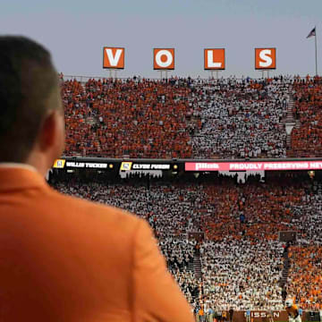 Oct 12, 2024; Knoxville, Tennessee, USA; Tennessee Volunteers athletic director Danny White watches a game against the Florida Gators at Neyland Stadium. Mandatory Credit: Caitie McMekin/USA TODAY Network via Imagn Images