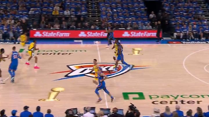 NBA added digital Larry O'Brien Trophy logos to the court at Game 2 of the 2025 NBA Finals in Oklahoma City.