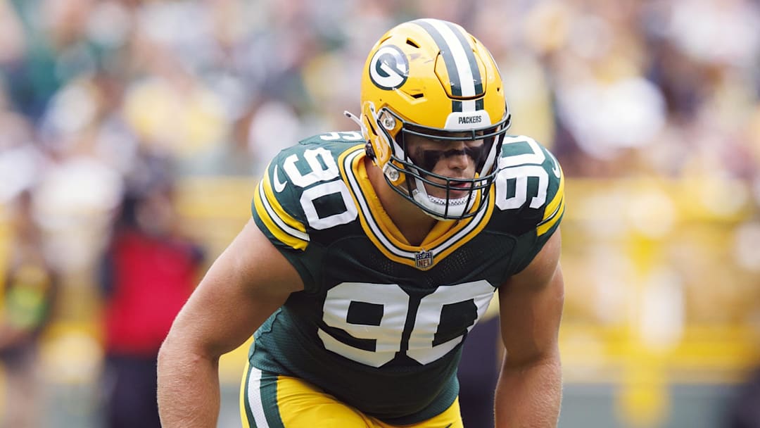 Aug 26, 2023; Green Bay, Wisconsin, USA;  Green Bay Packers linebacker Lukas Van Ness (90) during the game against the Seattle Seahawks at Lambeau Field. Mandatory Credit: Jeff Hanisch-Imagn Images