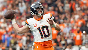 Nov 2, 2025; Houston, Texas, USA; Denver Broncos quarterback Bo Nix (10) throws during the second half against the Houston Texans at NRG Stadium. Mandatory Credit: Sean Thomas-Imagn Images