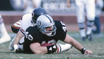 Dec 27, 1987; Los Angeles, CA, USA; FILE PHOTO; Los Angeles Raiders tight end Todd Christensen (46) in action against the Chicago Bears at Los Angeles Memorial Coliseum. Mandatory Credit: USA TODAY Sports