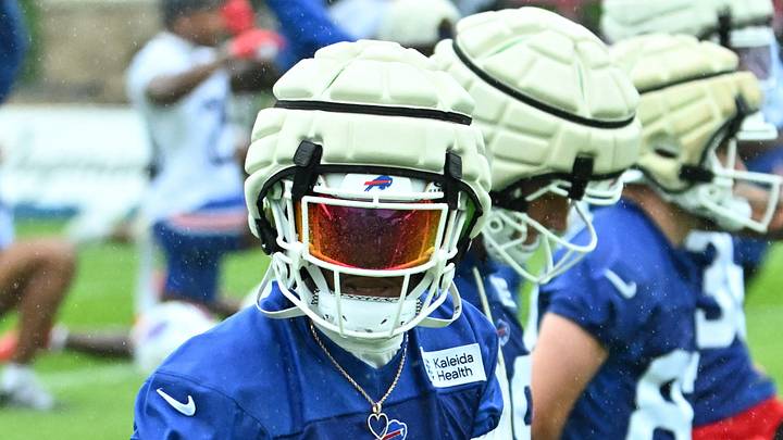 Jul 29, 2026; Rochester, NY, USA; Buffalo Bills wide receiver DJ Moore (2) warms up during training camp at St. John Fisher University. Mandatory Credit: Mark Konezny-Imagn Images