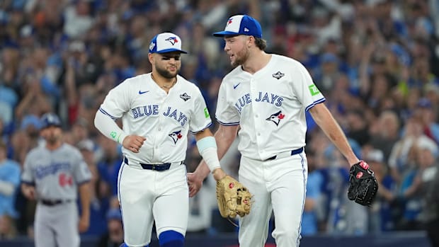 Toronto Blue Jays second baseman Bo Bichette and pitcher Trey Yesavage in 2025 World Series Game 1.