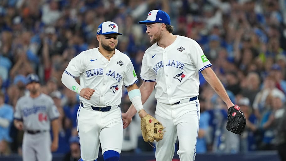 Toronto Blue Jays second baseman Bo Bichette and pitcher Trey Yesavage in 2025 World Series Game 1.
