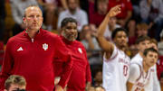 Indiana basketball coach Darian DeVries on the bench Oct. 17, 2025, against Marian at Simon Skjodt Assembly Hall.
