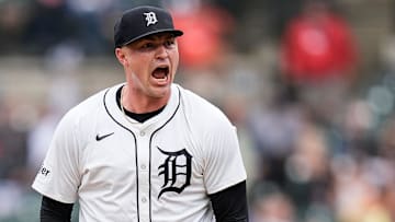 Detroit Tigers pitcher Tarik Skubal (29) celebrates after striking out Tampa Bay Rays left fielder Christopher Morel (24) during the seventh inning at Comerica Park in Detroit on Tuesday, Sept. 24, 2024.