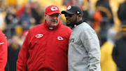 Kansas City Chiefs head coach Andy Reid and Pittsburgh Steelers head coach Mike Tomlin talk before their game at Heinz Field.