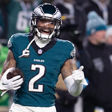 Dec 15, 2024; Philadelphia, Pennsylvania, USA; Philadelphia Eagles cornerback Darius Slay Jr. (2) reacts after his fumble recovery against the Pittsburgh Steelers during the third quarter at Lincoln Financial Field. Mandatory Credit: Bill Streicher-Imagn Images