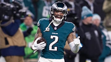 Dec 15, 2024; Philadelphia, Pennsylvania, USA; Philadelphia Eagles cornerback Darius Slay Jr. (2) reacts after his fumble recovery against the Pittsburgh Steelers during the third quarter at Lincoln Financial Field. Mandatory Credit: Bill Streicher-Imagn Images