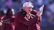 Oct 11, 2025; Atlanta, Georgia, USA; Virginia Tech Hokies interim head coach Philip Montgomery on the sideline against the Georgia Tech Yellow Jackets in the first quarter at Bobby Dodd Stadium at Hyundai Field. Mandatory Credit: Brett Davis-Imagn Images