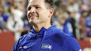 Nov 2, 2025; Landover, Maryland, USA; Seattle Seahawks head coach Mike Macdonald reacts to the win against the Washington Commanders at Northwest Stadium. 