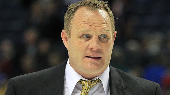 Apr 14, 2013; Buffalo, NY, USA; Buffalo Sabres former player Rob Ray heads off the ice during the game between the Buffalo Sabres and the Tampa Bay Lightning at the First Niagara Center. Sabres beat the Lightning 3-1. Mandatory Credit: Kevin Hoffman-Imagn Images