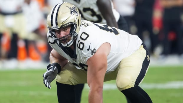 New Orleans Saints  guard Kyle Hergel (60) lines up against the Arizona Cardinals 