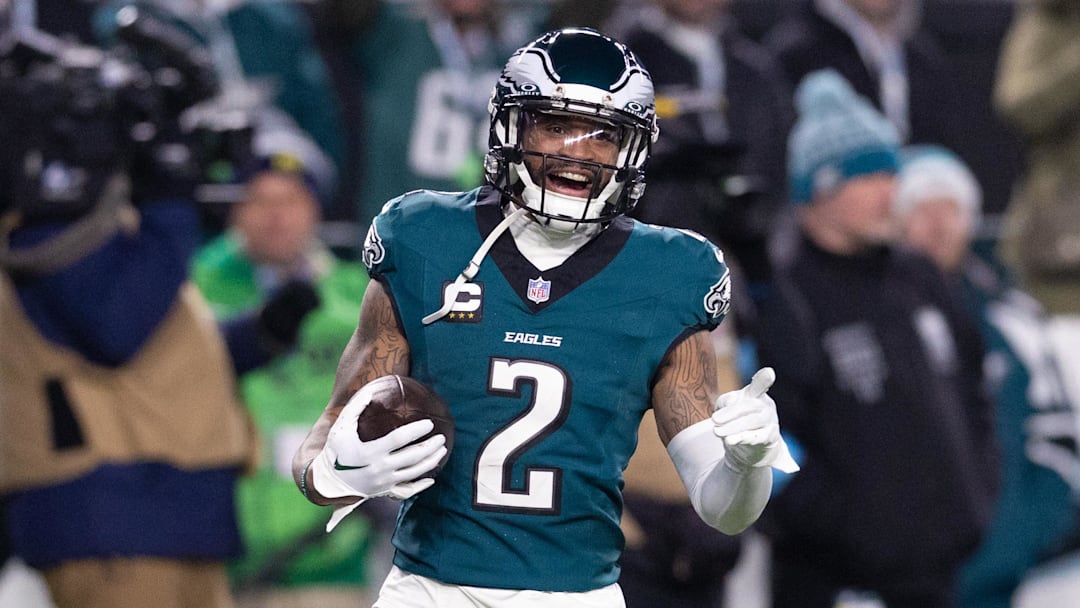 Dec 15, 2024; Philadelphia, Pennsylvania, USA; Philadelphia Eagles cornerback Darius Slay Jr. (2) reacts after his fumble recovery against the Pittsburgh Steelers during the third quarter at Lincoln Financial Field. Mandatory Credit: Bill Streicher-Imagn Images