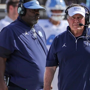 Sep 20, 2025; Orlando, Florida, USA; North Carolina Tar Heels head coach Bill Belichick walks the sideline during the first quarter against the UCF Knights at the Bounce House Stadium. Mandatory Credit: Mike Watters-Imagn Images