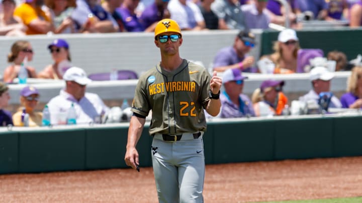 West Virginia Head Coach Steve Sabins as The LSU Tigers take on the West Virginia Mountaineers in game 1 of the 2025 NCAA Div 1 Super Regional Baseball Championship at Alex Box Stadium in Baton Rouge, LA. Saturday, June 7, 2025.