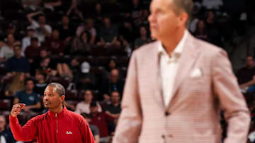 Mar 1, 2025; Columbia, South Carolina, USA; South Carolina Gamecocks head coach Lamont Paris and Arkansas Razorbacks head coach John Calipari direct their teams in the second half at Colonial Life Arena. Mandatory Credit: Jeff Blake-Imagn Images