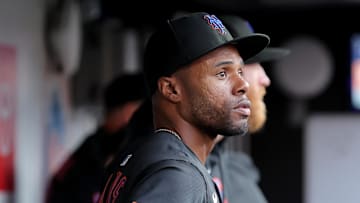 Aug 1, 2025; New York City, New York, USA; New York Mets center fielder Cedric Mullins (28) looks out of the dugout before a game against the San Francisco Giants at Citi Field. Mandatory Credit: Brad Penner-Imagn Images