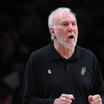 Jan 2, 2023; Brooklyn, New York, USA; San Antonio Spurs he d coach Gregg Popovich reacts during the second half against the Brooklyn Nets at Barclays Center. Mandatory Credit: Vincent Carchietta-USA TODAY Sports