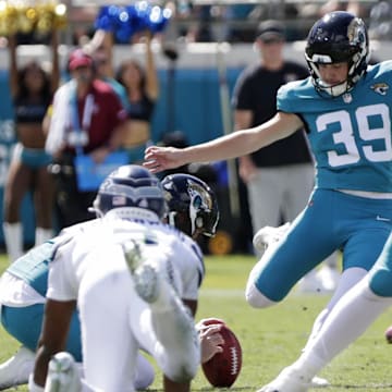 Oct 12, 2025; Jacksonville, Florida, USA; Jacksonville Jaguars kicker Cam Little (39) misses a field goal during the first half against the Seattle Seahawks at EverBank Stadium. Mandatory Credit: Travis Register-Imagn Images