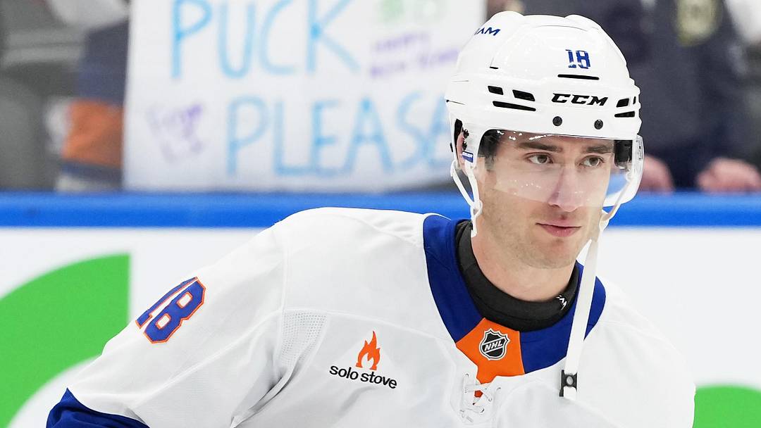 Dec 31, 2024; Toronto, Ontario, CAN; New York Islanders left wing Pierre Engvall (18) skates during the warmup before a game against the Toronto Maple Leafs at the Scotiabank Arena. Mandatory Credit: Nick Turchiaro-Imagn Images