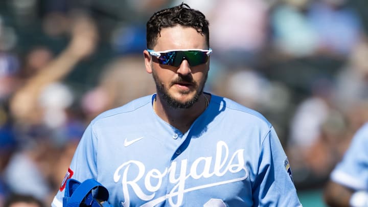 Feb 25, 2026; Surprise, Arizona, USA; Kansas City Royals first baseman Vinnie Pasquantino against the Seattle Mariners during a spring training game at Surprise Stadium. Mandatory Credit: Mark J. Rebilas-Imagn Images