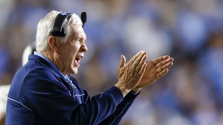 Oct 14, 2023; Chapel Hill, North Carolina, USA; North Carolina Tar Heels head coach Mack Brown applauds his team as they play against the Miami Hurricanes during the second half at Kenan Memorial Stadium. Mandatory Credit: Nell Redmond-USA TODAY Sports