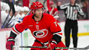 Carolina Hurricanes left wing Taylor Hall skates against the Toronto Maple Leafs during the first period.