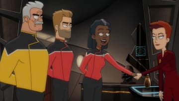 "Hear All, Trust Nothing" - Ep#306 --Fred Tatasciore as Lieutenant Shaxs, Dawnn Lewis as Captain Carol Freeman, Jerry O'Conell as Commander Ransom and Nana Visitor as Colonel Kira Nerys of the Paramount+ series STAR TREK: LOWER DECKS. Photo: PARAMOUNT+ ©2022 CBS Interactive, Inc. All Rights Reserved **Best Possible Screen Grab**