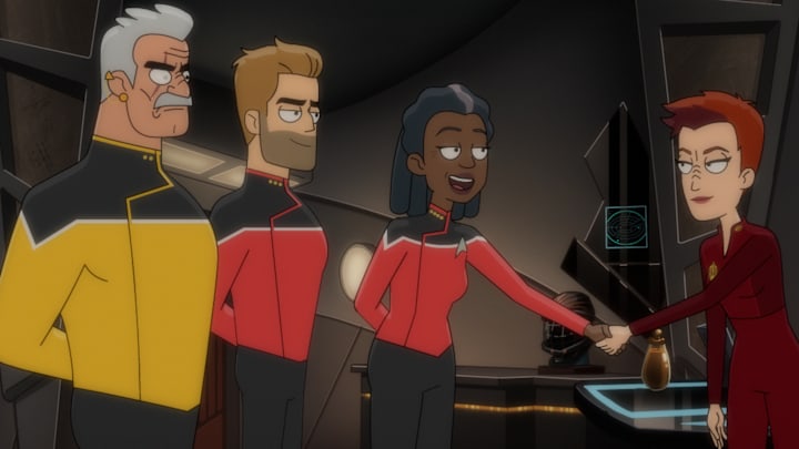 "Hear All, Trust Nothing" - Ep#306 --Fred Tatasciore as Lieutenant Shaxs, Dawnn Lewis as Captain Carol Freeman, Jerry O'Conell as Commander Ransom and Nana Visitor as Colonel Kira Nerys of the Paramount+ series STAR TREK: LOWER DECKS. Photo: PARAMOUNT+ ©2022 CBS Interactive, Inc. All Rights Reserved **Best Possible Screen Grab**