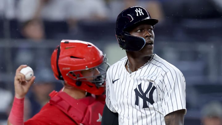 Aug 7, 2024; Bronx, New York, USA; New York Yankees third baseman Jazz Chisholm Jr. (13) reacts after striking out to end the fifth inning against the Los Angeles Angels at Yankee Stadium. Mandatory Credit: Brad Penner-USA TODAY Sports