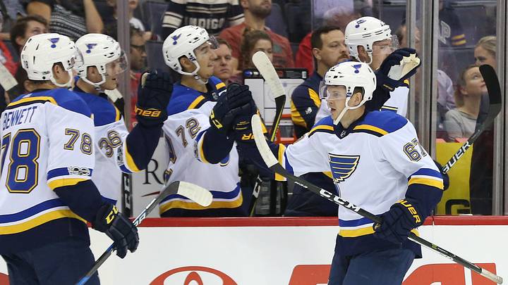 Sep 22, 2017; Washington, DC, USA; St. Louis Blues forward Conner Bleakley (67) celebrates with teammates after scoring a goal against the Washington Capitals in the first period at Captial One Arena. Mandatory Credit: Geoff Burke-USA TODAY Sports