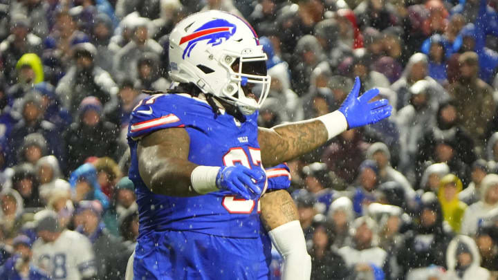 Dec 17, 2023; Orchard Park, New York, USA; Buffalo Bills defensive tackle Jordan Phillips (97) celebrates a play in the second half against the Dallas Cowboys at Highmark Stadium. 