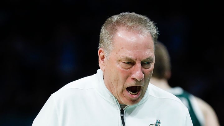 Michigan State head coach Tom Izzo reacts to a play against North Carolina during the second half of the NCAA tournament West Region second round at Spectrum Center in Charlotte, N.C. on Saturday, March 23, 2024.