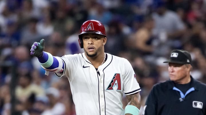 Sep 23, 2025; Phoenix, Arizona, USA; Arizona Diamondbacks second baseman Ketel Marte against the Los Angeles Dodgers at Chase Field. Mandatory Credit: Mark J. Rebilas-Imagn Images
