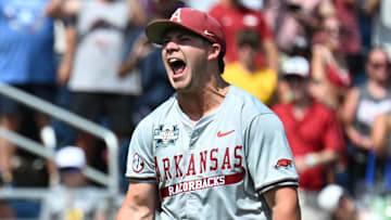Jun 16, 2025; Omaha, Neb, USA; Arkansas Razorbacks starting pitcher Gage Wood (14) celebrates completing a no hitter against the Murray State Racers at Charles Schwab Field