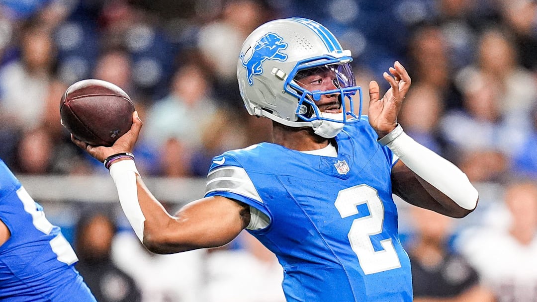 Detroit Lions quarterback Hendon Hooker (2) makes a pass against Houston Texans during the first half at Ford Field in Detroit on Saturday, August 23, 2025. Detroit Lions quarterback Hendon Hooker (2) makes a pass against Houston Texans during the first half at Ford Field in Detroit on Saturday, August 23, 2025.