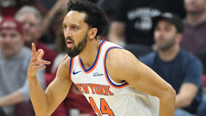 May 23, 2026; Cleveland, Ohio, USA; New York Knicks guard Landry Shamet (44) reacts in the first quarter against the Cleveland Cavaliers during game three of the eastern conference finals for the 2026 NBA playoffs at Rocket Arena. Mandatory Credit: David Richard-Imagn Images