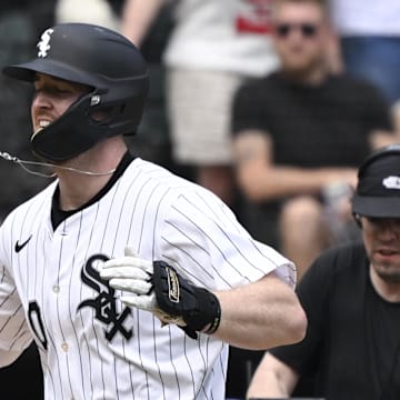 Chicago White Sox first baseman Tim Elko (30) celebrates after hitting a two-run home run against the Kansas City Royals at Rate Field. 