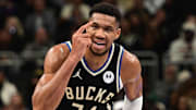 Nov 22, 2024; Milwaukee, Wisconsin, USA;  Milwaukee Bucks forward Giannis Antetokounmpo (34) reacts in the second quarter against the Indiana Pacers at Fiserv Forum. Mandatory Credit: Benny Sieu-Imagn Images