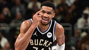 Nov 22, 2024; Milwaukee, Wisconsin, USA;  Milwaukee Bucks forward Giannis Antetokounmpo (34) reacts in the second quarter against the Indiana Pacers at Fiserv Forum. Mandatory Credit: Benny Sieu-Imagn Images
