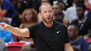 Jul 17, 2022; Las Vegas, NV, USA; Portland Trail Blazers Summer League head coach Steve Hetzel watches game action during the NBA Summer League Championship game against the New York Knicks at Thomas & Mack Center.  Mandatory Credit: Stephen R. Sylvanie-Imagn Images