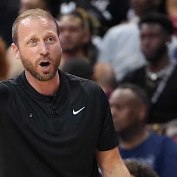 Jul 17, 2022; Las Vegas, NV, USA; Portland Trail Blazers Summer League head coach Steve Hetzel watches game action during the NBA Summer League Championship game against the New York Knicks at Thomas & Mack Center.  Mandatory Credit: Stephen R. Sylvanie-Imagn Images