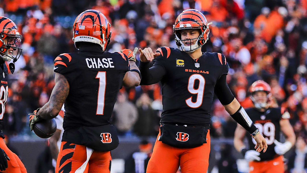 Dec 22, 2024; Cincinnati, Ohio, USA; Cincinnati Bengals wide receiver Ja'Marr Chase (1) reacts with quarterback Joe Burrow (9) after scoring a touchdown in the second half against the Cleveland Browns at Paycor Stadium. Mandatory Credit: Katie Stratman-Imagn Images