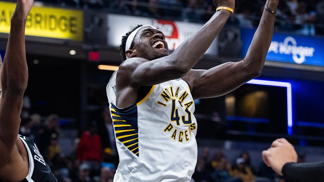 Nov 5, 2025; Indianapolis, Indiana, USA; Indiana Pacers forward Pascal Siakam (43) shoots the ball while Brooklyn Nets forward/center Noah Clowney (21) defends in the first half  at Gainbridge Fieldhouse. Mandatory Credit: Trevor Ruszkowski-Imagn Images