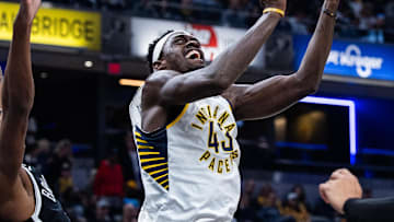 Nov 5, 2025; Indianapolis, Indiana, USA; Indiana Pacers forward Pascal Siakam (43) shoots the ball while Brooklyn Nets forward/center Noah Clowney (21) defends in the first half  at Gainbridge Fieldhouse. Mandatory Credit: Trevor Ruszkowski-Imagn Images