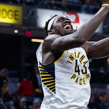 Nov 5, 2025; Indianapolis, Indiana, USA; Indiana Pacers forward Pascal Siakam (43) shoots the ball while Brooklyn Nets forward/center Noah Clowney (21) defends in the first half  at Gainbridge Fieldhouse. Mandatory Credit: Trevor Ruszkowski-Imagn Images