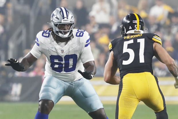 Dallas Cowboys OT Tyler Guyton blocks at the line of scrimmage against Pittsburgh Steelers LB Nick Herbig.