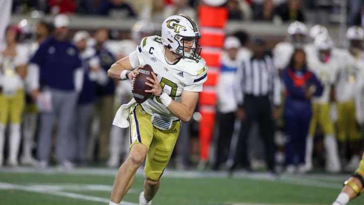 Nov 25, 2023; Atlanta, Georgia, USA; Georgia Tech Yellow Jackets quarterback Haynes King (10) drops back to pass against the Georgia Bulldogs in the second half at Bobby Dodd Stadium at Hyundai Field. Mandatory Credit: Brett Davis-USA TODAY Sports